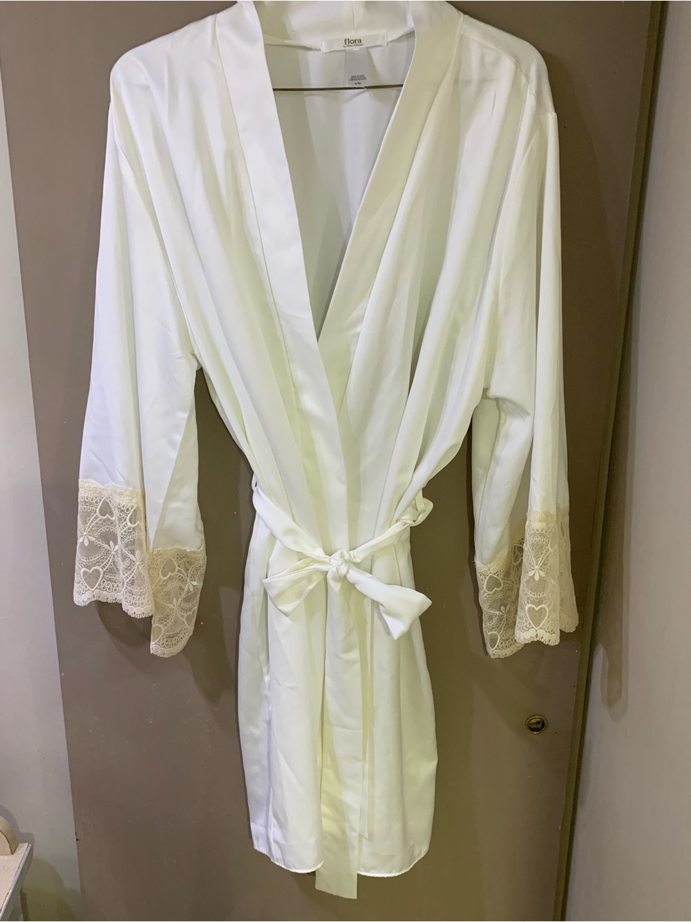 Flora Nikrooz Ivory Satin Robe with Lace Cuff and Tie Belt